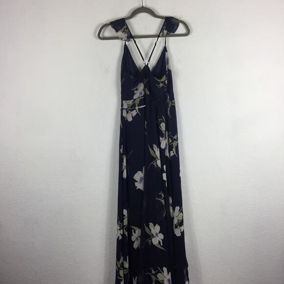 Lulus All Mine Navy Blue Floral Print Ruffle Chiffon Wrap Maxi Dress XS - Picture 13 of 14